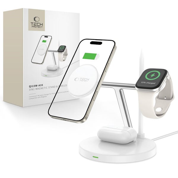 Tech-Protect QI 15W-A35 3-in1 MagSafe-latausasema, Valkoinen